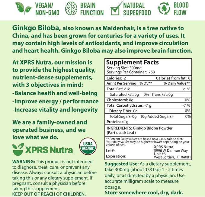 XPRS Nutra Organic Ginkgo Biloba Powder - Gingko Biloba Supplements for Cognition - Vegan Friendly Ginkoba Biloba Organic - Immunity Boosting Ginkgo Biloba Powder (8 oz)