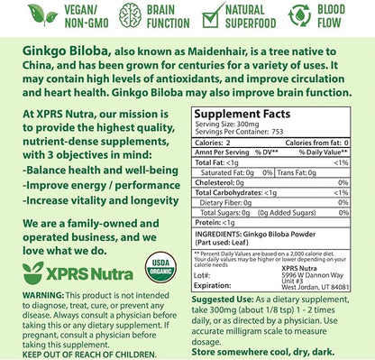 XPRS Nutra Organic Ginkgo Biloba Powder - Gingko Biloba Supplements for Cognition - Vegan Friendly Ginkoba Biloba Organic - Immunity Boosting Ginkgo Biloba Powder (8 oz)