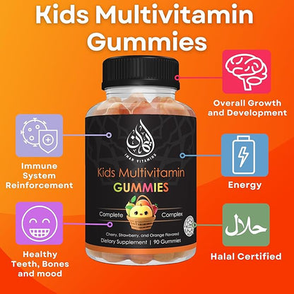 Halal Kids Multivitamin Gummies | Vitamin C, D, Zinc, A, E, B6, B12, Biotin, Folate, Inositol | Strengthen Metabolism, Bones & Immunity | Vegetarian | Gluten Free | 90 Count