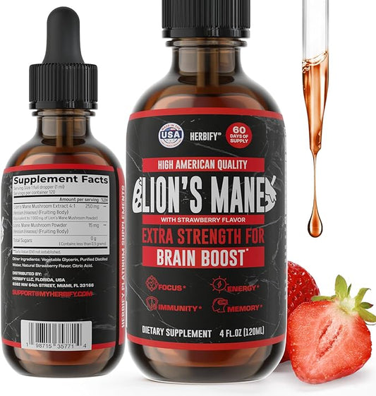 HERBIFY Lions Mane Supplement - Daily Mushroom Supplement for Memory, Focus & Clarity - Brain Booster - Lions Mane Tincture for Immune Support - 4 Fl oz Strawberry Flavor