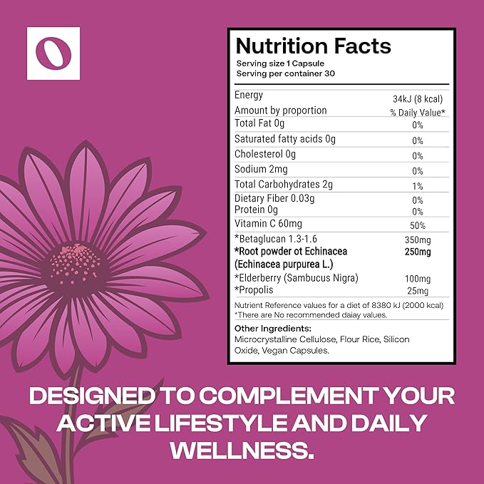 Echinacea Immune Support Supplement, Infused with Elderberry, Vitamin C, Propolis and Beta Glucans, Immune Booster Vitamins and Supplements for Adults, 60 Vegan Echinacea Capsules