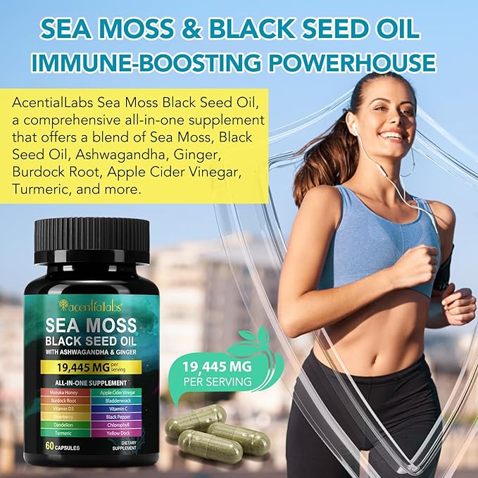 Sea Moss Black Seed Oil Ashwagandha Ginger, Sea Moss Capsule Supplement with Turmeric Burdock Root Bladderwrack Vitamin C Vitamin D3 Enhanced Immunity & Energy Sea Moss Black Seed Oil Capsule 60 Count
