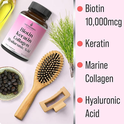 Biotin + Keratin + Marine Collagen + Hyaluronic Acid, 4-in-1 Hair Growth Vitamins with 10000mcg Biotin Capsules, Thickening Complex for Women & Men with Hair Thinning