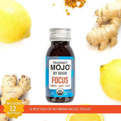TEAONIC My Brain Mojo: Focus Wellness Shots - USDA-Certified Vegan Formula with Ginkgo Biloba, Ginger, Turmeric - 12 Bottles x 2 Fl Oz Each - Gluten-Free, Non-GMO
