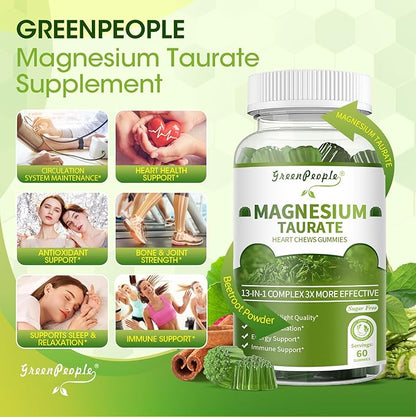 2 Pack Magnesium Taurate Gummies, 13-in-1 Complex - Beetroot, Alpha Lipoic Acid, Cinnamon, Heart Support, Good Sleep, Sugar Free, High Absorption Magnesium Supplement, Matcha Flavor, 60 Gummies