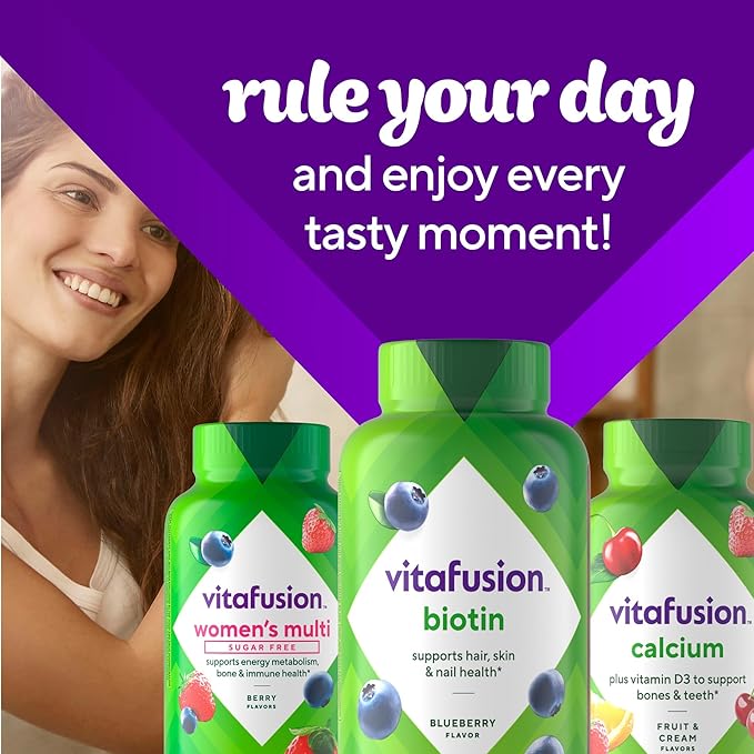 vitafusion Extra Strength Biotin Gummy Vitamins, Berry Flavored, 5,000 mcg Biotin Vitamins, America’s Number 1 Gummy Vitamin Brand, 50 Day Supply, 100 Count (packaging may vary)