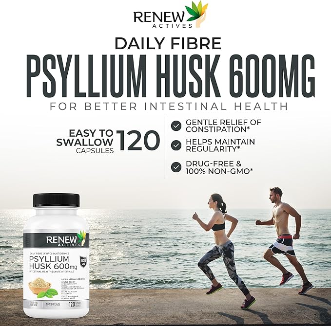 Renew Actives Psyllium Husk 1200MG per 2 Capsules – Bulk-Forming Laxative & Soluble Fiber for Digestive Health, Regularity & Adult Wellness – Pure Ingredients – Made in Canada – 120 Capsules