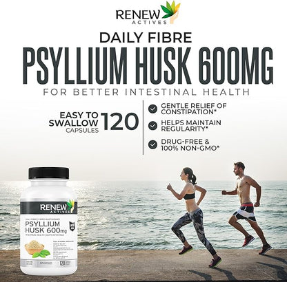 Renew Actives Psyllium Husk 1200MG per 2 Capsules – Bulk-Forming Laxative & Soluble Fiber for Digestive Health, Regularity & Adult Wellness – Pure Ingredients – Made in Canada – 120 Capsules