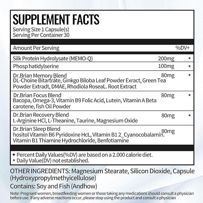 Dr. Brian Focus Supplement, Brain Supplements for Memory and Focus - Extra Strength Nootropic Supports Concentration, Mental Clarity, Brain Health for Men & Women - 30 Capsules