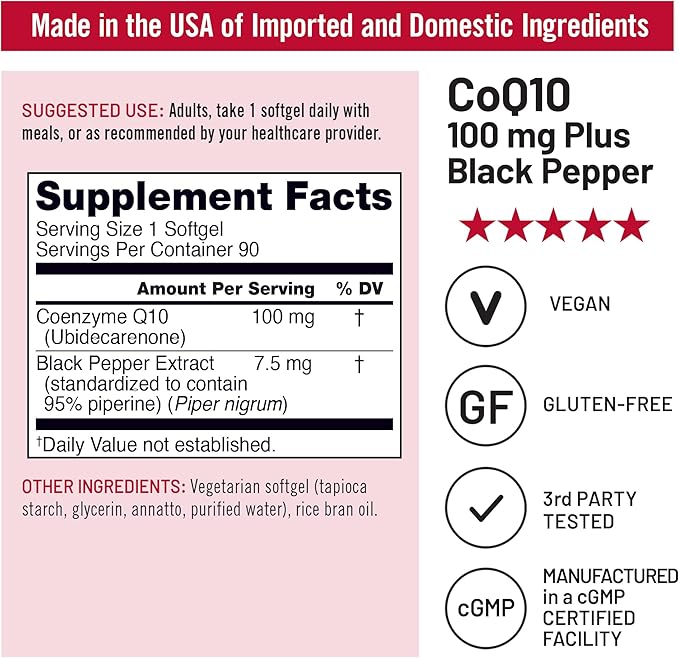 NatureWise CoQ10 100mg + Black Pepper Softgels - High Absorption Coenzyme Q10 + Black Pepper - Antioxidant for Heart Health + Cellular Energy - Vegan, Non-GMO, Gluten-Free - 90 Count[90-Day Supply]