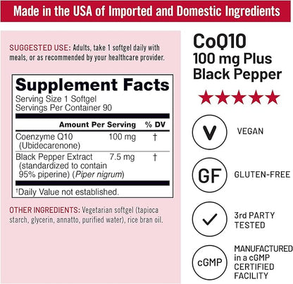NatureWise CoQ10 100mg + Black Pepper Softgels - High Absorption Coenzyme Q10 + Black Pepper - Antioxidant for Heart Health + Cellular Energy - Vegan, Non-GMO, Gluten-Free - 90 Count[90-Day Supply]