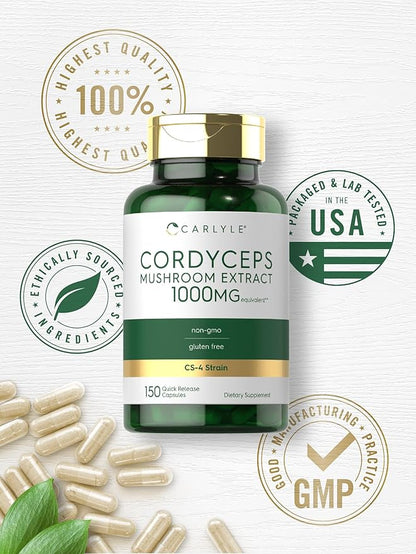 Carlyle Cordyceps Mushroom Capsules 1000mg | 150 Count | CS-4 Strain Mushroom Extract | Non-GMO and Gluten Free
