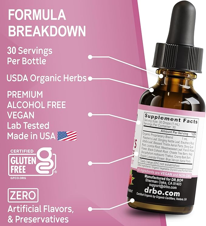Hormone Balance for Women & PMS Relief - Women's Wellness Organic Hormonal Balance Supplements Liquid Drops & Menstrual Cramp Period Support - Raspberry Leaf, Chasteberry, Black Cohosh Supplement 1 Oz