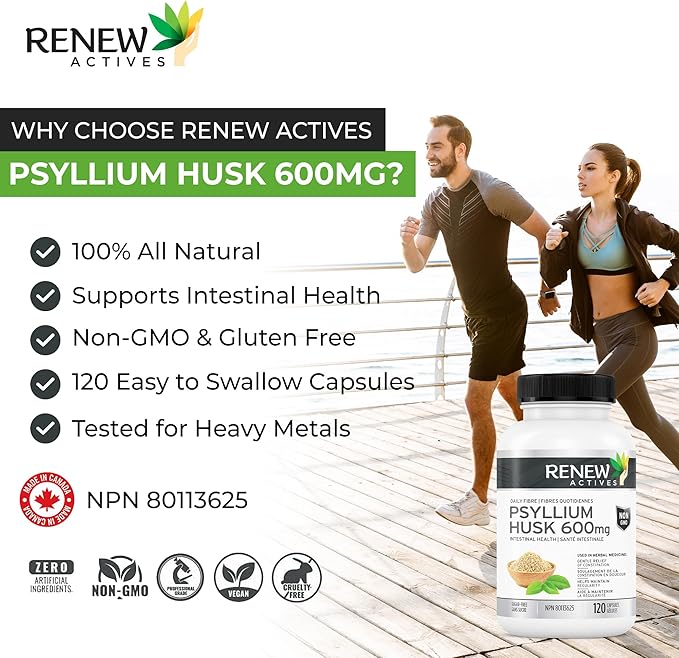 Renew Actives Psyllium Husk 1200MG per 2 Capsules – Bulk-Forming Laxative & Soluble Fiber for Digestive Health, Regularity & Adult Wellness – Pure Ingredients – Made in Canada – 120 Capsules