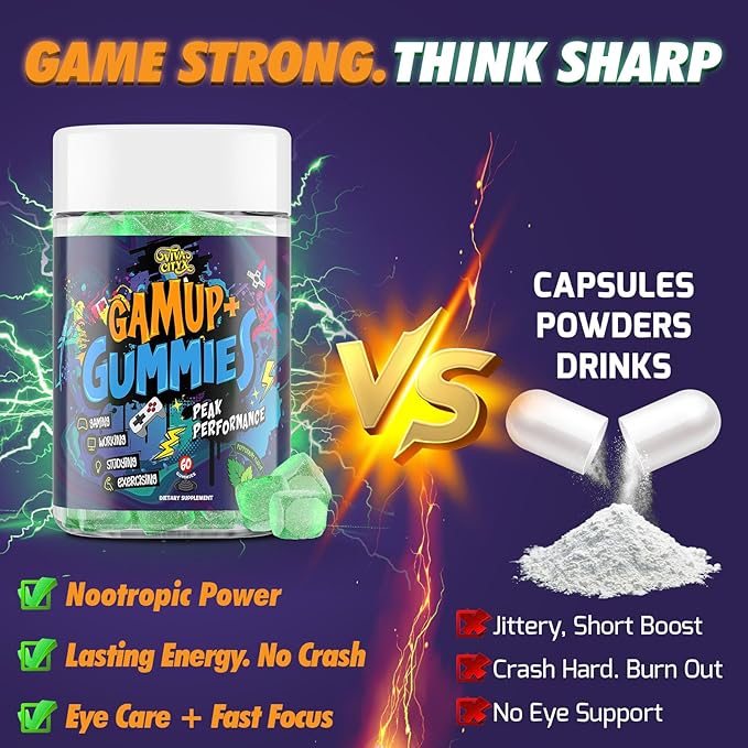 Energy and Focus Gummies - Natural Caffeine Nootropics Supplement - Brain, Eye, and Bone Complex - Sugar-Free Peppermint - for Gamers, Workers, and Active Lifestyles - 60 Gummies