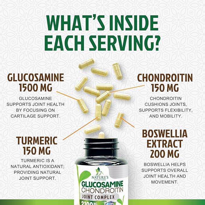 Glucosamine Chondroitin MSM 2100mg Complex - Joint Support Supplement for Joint Mobility & Comfort For Men and Women with Turmeric & Boswellia, Triple Strength Glucosamine Supplements - 120 Capsules