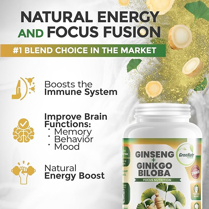 Ginko Biloba & Panax Ginseng Supplement - Red Ginseng Brain Supplement for Memory and Focus - Ginkgo Biloba Supplements for Good Vision, Immune System and Improved Blood Flow - 120 Tablets