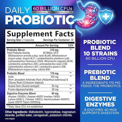 Probiotics 60 Billion CFU - 10 Strains + Digestive Enzymes & Prebiotics - Best Probiotic for Women & Men, Supports Immune, Gut Health, Occasional Constipation, Diarrhea, Gas & Bloating - 60 Capsules