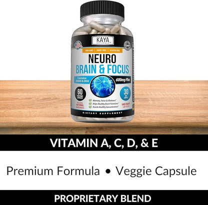 Kaya Naturals - Neuro Brain for Memory & Focus - Nootropic Energy Capsule - Nootropic Brain Support Supplement - Focus & Concentration & Learning Accuracy - Cognitive Function - 60 Count
