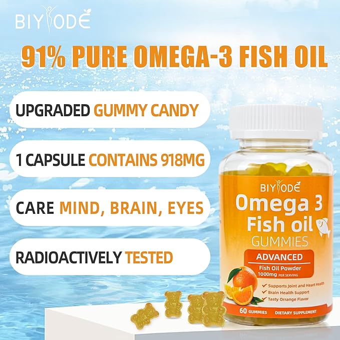 Omega-3 Fish Oil Supplements: Pure 1000mg Omega-3 Gummies Support Heart Joint Eye Brain Immune Health 60 Gummies 30 Day Supply