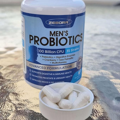 ZEBORA Probiotics for Men 100 Billion CFU - Probiotics for Digestive Health, Men's Probiotic Supplement, Prebiotics & Enzymes, for Prostate Health with Saw Palmetto | 90 Veg Capsules