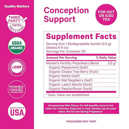 Pink Stork Fertility Tea for Conception and Hormone Balance with Organic Mint, Vitex, and Red Raspberry Leaf, Caffeine Free - Mint, 15 Sachets, Hot or Iced