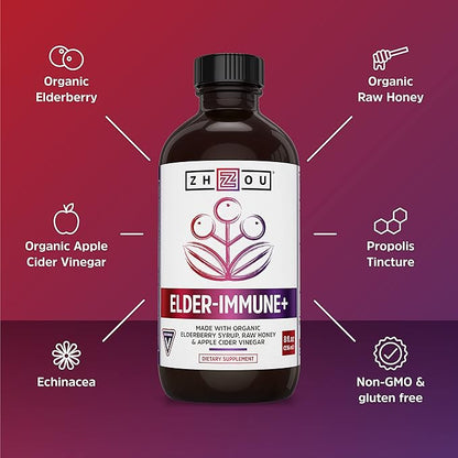 Zhou Nutrition Elder-Mune+ Syrup - Organic Black Elderbery Syrup for Adults, Immune Support Elixir with Apple Cider Vinegar, Echinacea Tincture, Natural Wellness - 8 Fl Oz Glass Bottle