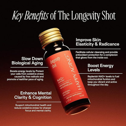 Liquid NAD+ Longevity Shots | NMN Alternative | Liposomal Nicotinamide Riboside and Resveratrol with Ceramides & Antioxidants | Twice-a-Week | Firm Skin & Brain Health| 10 Shots