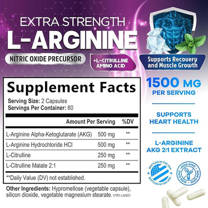 L-Arginine 1000mg Supplement Supports Heart Health - Premium Muscle Supporting Nitric Booster for Strength & Energy to Train Harder - Nature's Non-GMO, Gluten-Free Amino Acid Blend - 120 Capsules