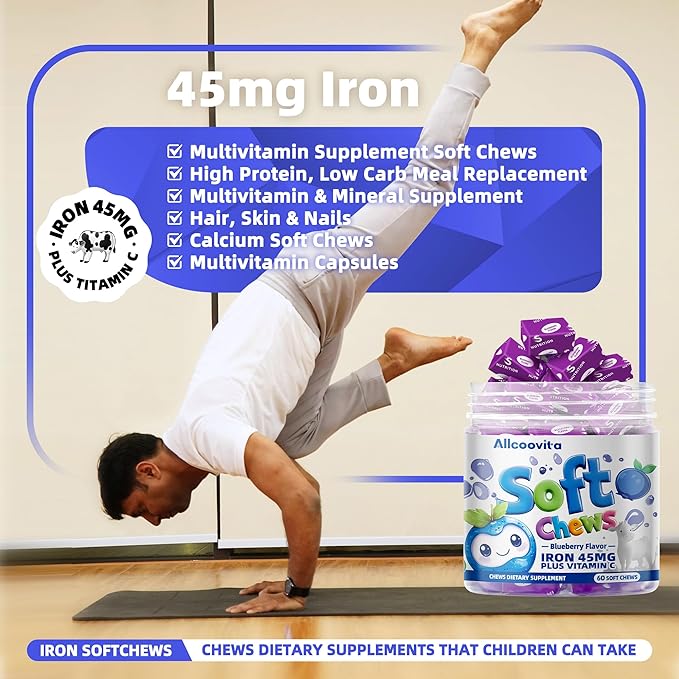 Iron Soft Chews Supplement with Vitamin C | Blueberry Flavored | Gluten Free | Iron Supplement for Women Men and Kids | 60 Count | 2 Month Supply