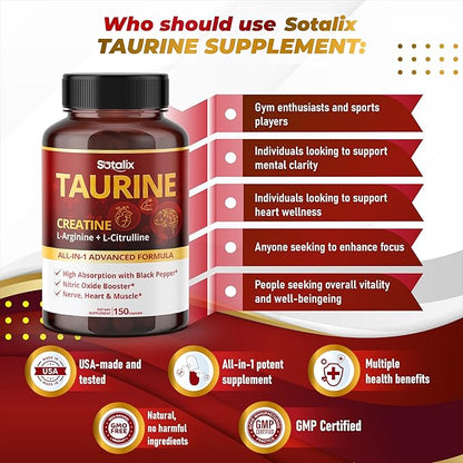 Taurine with Creatine, L-Arginine, L-Citrulline High Absorption with Black Pepper Nitric Oxide Booster, Muscle USA Made & Tested (150 Count (Pack of 1))