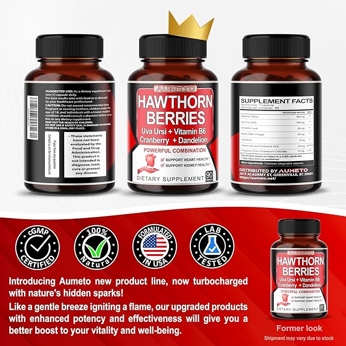 7 in 1 Ultra Hawthorn Berry with Uva Ursi Dandelion Cranberry Apple Cider Vinegar - Heart, Kinney Health Support