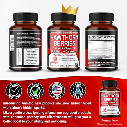 7 in 1 Ultra Hawthorn Berry with Uva Ursi Dandelion Cranberry Apple Cider Vinegar - Heart, Kinney Health Support