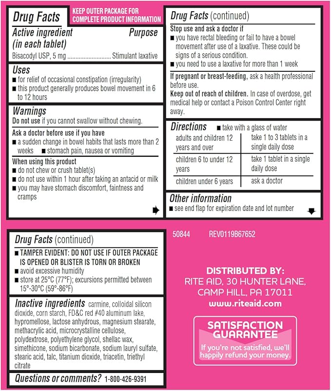 Rite Aid Stimulant Laxative Tablets, Bisacodyl USP, 5 mg - 90 Count | Constipation Relief | Coated for Easy Swallowing | Women Health | Stool Softener