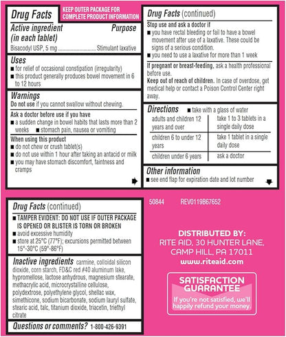 Rite Aid Stimulant Laxative Tablets, Bisacodyl USP, 5 mg - 90 Count | Constipation Relief | Coated for Easy Swallowing | Women Health | Stool Softener
