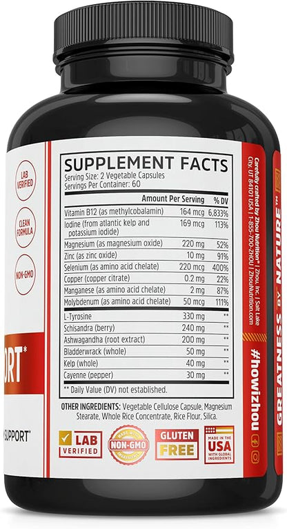 Zhou Thyroid Support - Thyroid Supplement for Women & Men with Zinc, Iodine & Selenium, Metabolic Health Thyroid Complex, Antioxidant Support with Aswagandha & Kelp - 120 Veggie Capsules
