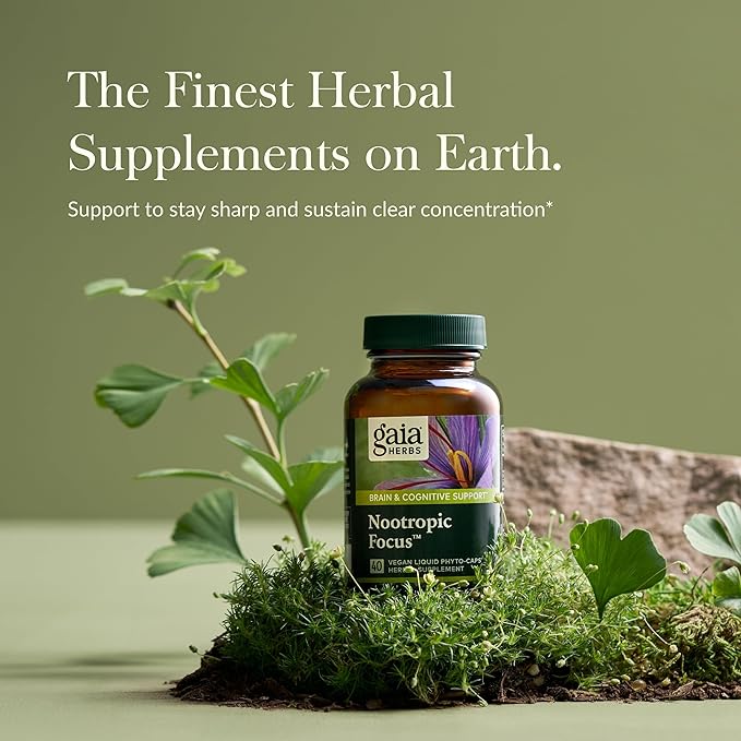 Gaia Herbs Nootropic Focus - Brain & Cognitive Support Supplement to Help Maintain Healthy Concentration* - with Saffron, Lemon Balm & Spearmint - 40 Liquid Phyto-Capsules (Up to 20-Day Supply)