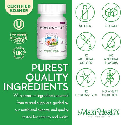 Maxi Health Women's Daily Multivitamin Biotin, Vitamins A B C D E, Calcium, Zinc, Lutein, Magnesium, Folate and More. Supports Gut Health for Women. Natural, Non-GMO, Gluten Free & Dairy Free Kosher
