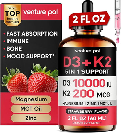 Venture Pal Vitamin D3 10000 IU Drops Plus K2 200 mcg with Magnesium, MCT Oil, Zinc, Vitamin D Liquid |Maximum Absorption for Bone, Mood & Immune Health (Strawberry, 2 Fl Oz)