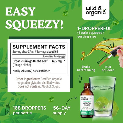 Wild & Organic Ginkgo Biloba Extract Drops - Brain & Focus Support - Liquid Ginkgo Biloba Supplements - Vegan, Sugar & Alcohol-Free Herbal Tincture - 4 fl oz