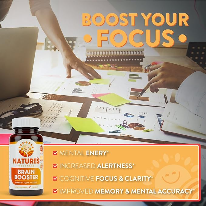 Natures Wellness Brain Booster | Natural Cognitive Enhancer for Increased Focus, Memory and Mental Clarity | Nootropics Brain Supplement | DMAE, Rhodiola Rosea Extract, Bacopa Monnieri, Ginkgo Biloba