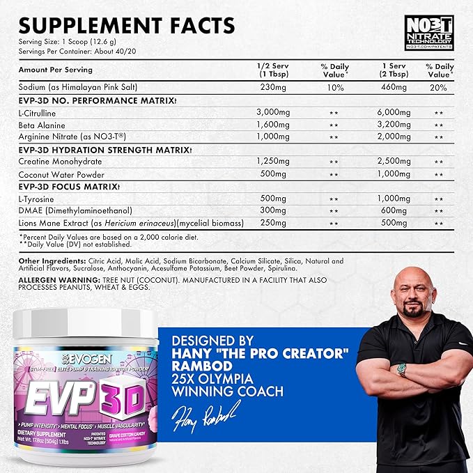 Evogen EVP-3D | Extreme Pre-Workout Pump Ignitor, Arginine Nitrate, Citrulline, Beta-Alanine, Lions Mane (Grape Cotton Candy)