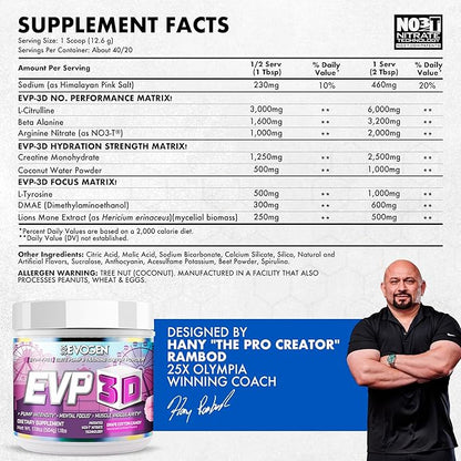 Evogen EVP-3D | Extreme Pre-Workout Pump Ignitor, Arginine Nitrate, Citrulline, Beta-Alanine, Lions Mane (Grape Cotton Candy)