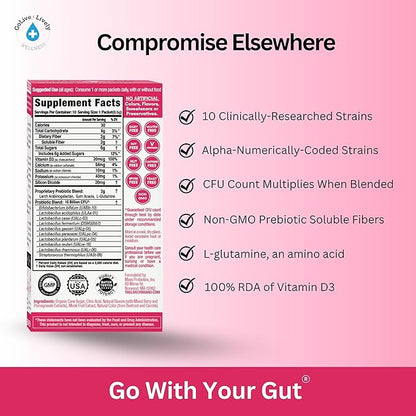 GoLive Prebiotic and Probiotic for Women, Men, Kids. Berry Pomegranate Synbiotic Powder w/ L-Glutamine, Vitamin D3, Electrolytes. For Gut Health, Digestion, Metabolism, Immunity 15-50B CFUs.