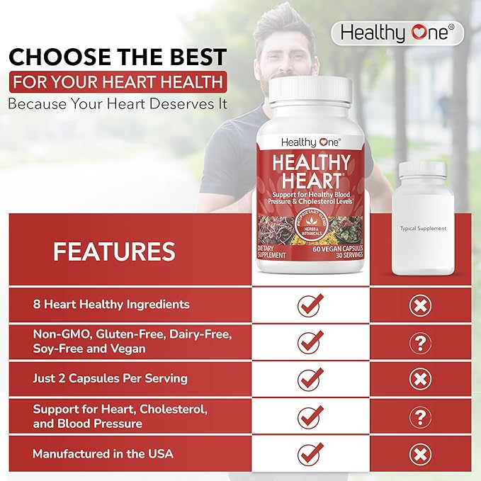 Healthy Heart - Promotes Healthy Cholesterol Circulation & Blood Pressure - Plaque - Cortisol - Arteries - LDL - HDL - CoQ10 - Hawthorne - Beet Root - Garlic - Olive Leaf - Hibiscus - 60 Count
