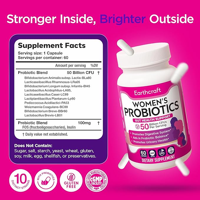 Probiotics for Women 50 Billion CFU – 10 Strains + Prebiotics for Vaginal Health, Digestive, Gut, PH Balance and Immune Health – Delayed Release Capsules, Non-GMO, Vegan, Support Nutrient Absorption