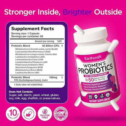 Probiotics for Women 50 Billion CFU – 10 Strains + Prebiotics for Vaginal Health, Digestive, Gut, PH Balance and Immune Health – Delayed Release Capsules, Non-GMO, Vegan, Support Nutrient Absorption