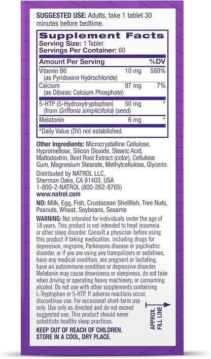 Natrol Melatonin + 5-HTP Advanced Time Release Sleep Aid, Triple Action Formula, Calm the Mind, Fall Asleep Faster and Stay Asleep Longer, 60 Bi-Layer Tablets, Up to a 60 Day Supply
