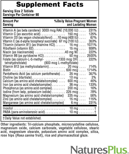 Natures Plus Ultra Prenatal Multivitamin - 800 mcg Folate, 180 Vegetarian Tablets - Prenatal Supplement with Iron, Iodine, Calcium & B-Complex Vitamins - Gluten-Free - 90 Servings