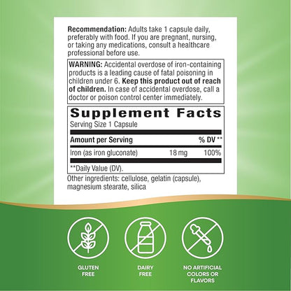 Nature's Way Iron, Promotes Healthy Red Blood Cells*, 18 mg Iron from Iron Gluconate Per Serving, Gluten Free, 100 Capsules (Packaging May Vary)
